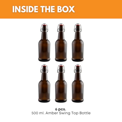 FastRack Swing Top Glass Bottles 16 oz – Pack of 6 | Amber Flip Top Glass Bottles with Airtight Lids | Resealable Grolsch-Style Fermentation Bottles for Kombucha, Beer, Mead, Soda, Vinegar & Water