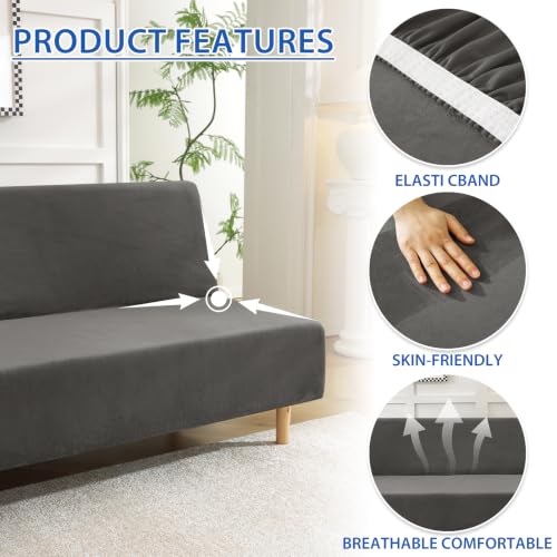Full Size Velvet Futon Cover - Stretch Armless Sofa Protector, Gray