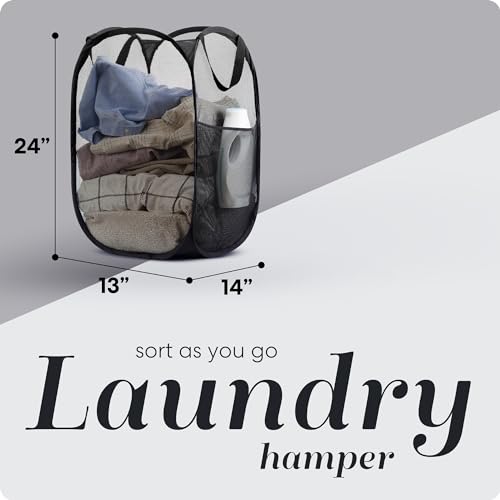 Handy Laundry Collapsible Mesh Pop-Up Hamper with Side Pocket - Black