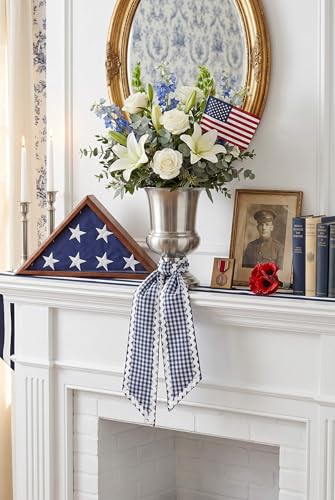 Navy Gingham Front Door Wreath Sash with Scalloped Ric Rac Trim, 4.5 x 56"