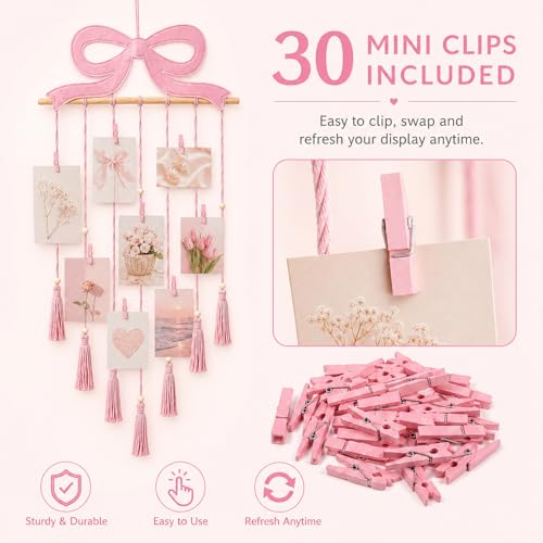 Pink Bow Wall Photo Display, Macrame Picture Holder with 30 Clips