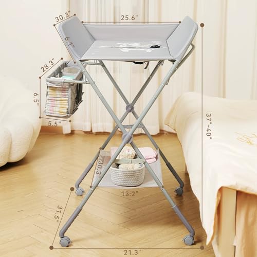 Portable Baby Changing Table with Wheels, 4-Level Height Adjustable Station