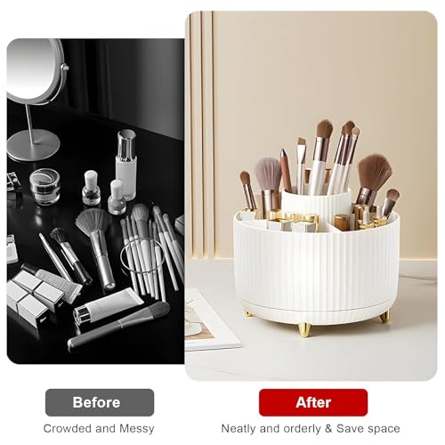 Diesisa White Rotating Makeup Brush Organizer with 5 Slots, 360° Spin Cosmetic Storage