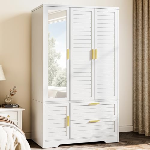 71-Inch Wood Wardrobe Closet with Mirror, 3 Doors and 2 Drawers