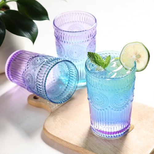 Loivttvv Lavender Dream 6pcs Vintage Ribbed Glass Drinking Set, 12 oz Cocktail & Water Glasses