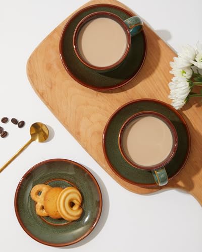Pokini Sage Green Stoneware Coffee Cups & Saucers Set of 4, Espresso Mug Set