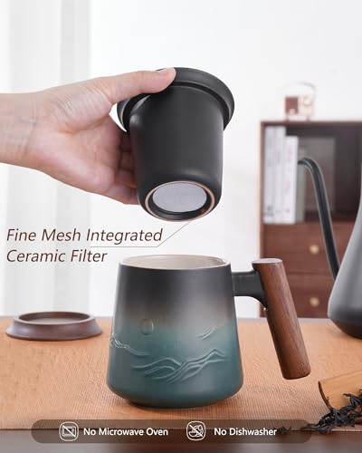ZENS Blue Mountain 14.5oz Tea Mug with Infuser, Lid & Wooden Handle - Handcrafted Ceramic Steeper