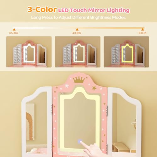 Kids Vanity Set with Mirror and Chair - Pink Makeup Dressing Table