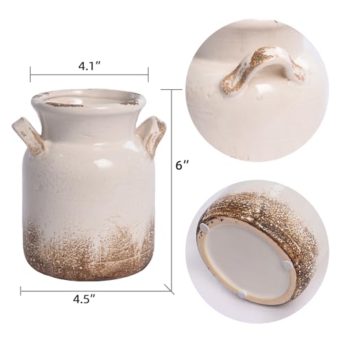 Rustic Ceramic Farmhouse Vase - Distressed White Flower Vase with Handles