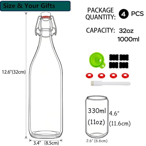 4 Pack 32oz Glass Swing Top Bottles for Fermentation and Brewing