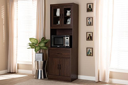 Modern Kitchen Hutch Cabinet with Microwave Compartment, Walnut Brown