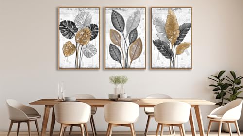 Rustic Botanical Canvas Wall Art, 3-Piece Leaf Print Set with Wood Frame