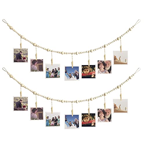 4-Foot Boho Wooden Bead Photo Display Garland with 7 Clips