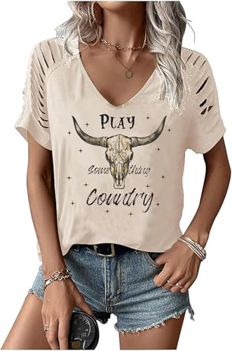 Women's Boho Floral V-Neck T-Shirt with Cold Shoulder - Large / B-apricot2