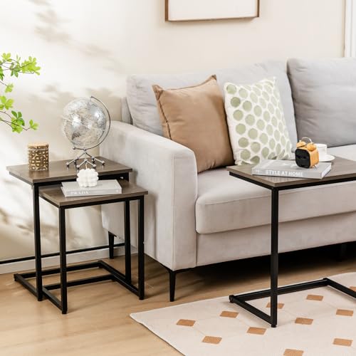 3-Piece Nesting Side Table Set, C-Shaped Wood Top End Tables for Small Spaces