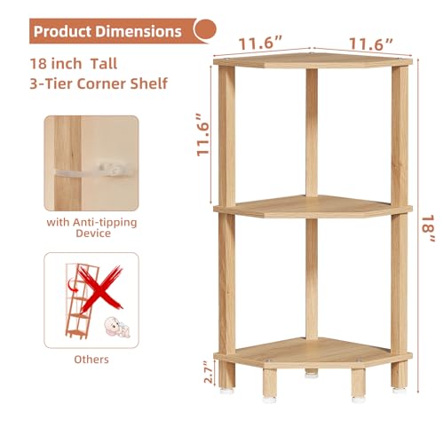 3-Tier Wooden Corner Shelf, Small Freestanding Storage Organizer for Home