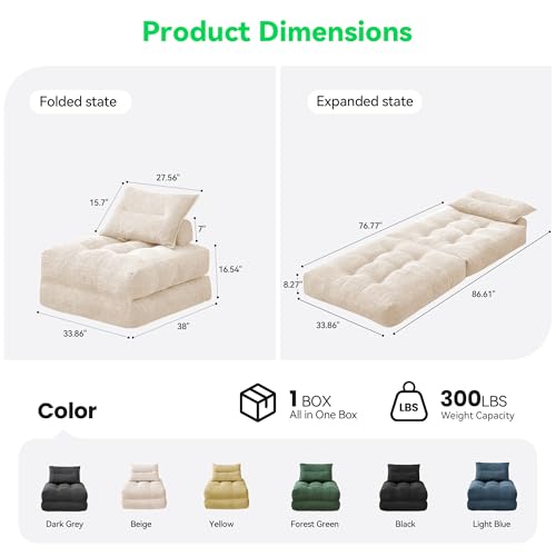 3-in-1 Folding Sofa Bed, Convertible Sleeper Chair in Beige Teddy Velvet