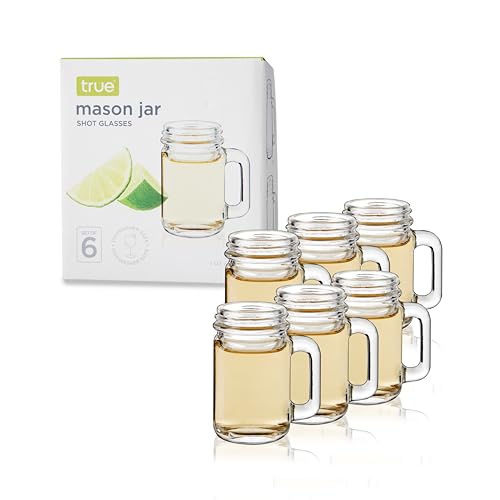 TRUE Mason Jar Shot Glasses Set of 6 - Reusable Mini Handle Shot Cups, 1 oz, Rustic Farmhouse Style