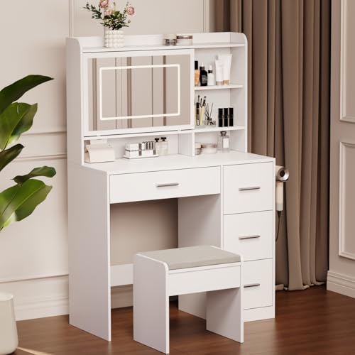 Vanity Desk with Sliding Lighted LED Mirror, Chair, and Power Outlets