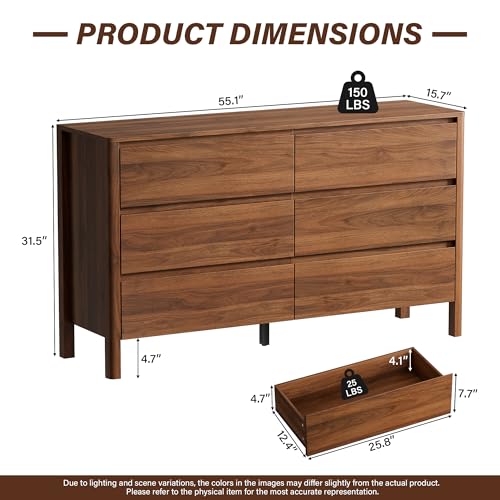 55-Inch 6-Drawer Mid-Century Modern Wood Dresser, Walnut Bedroom Chest