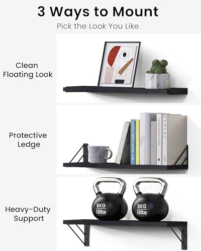 BAYKA Floating Wall Shelves - Rustic Wood Wall Storage Set of 4 Black