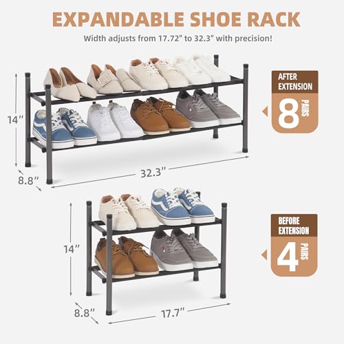 Expandable 2-Tier Metal Shoe Rack - Stackable Shoe Organizer for Closet