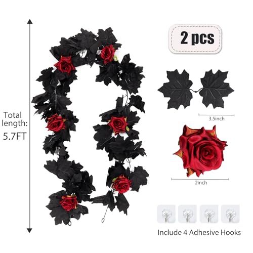 Artificial Black Maple & Red Rose Garland - 5.7ft Hanging Vine (2 Pack)