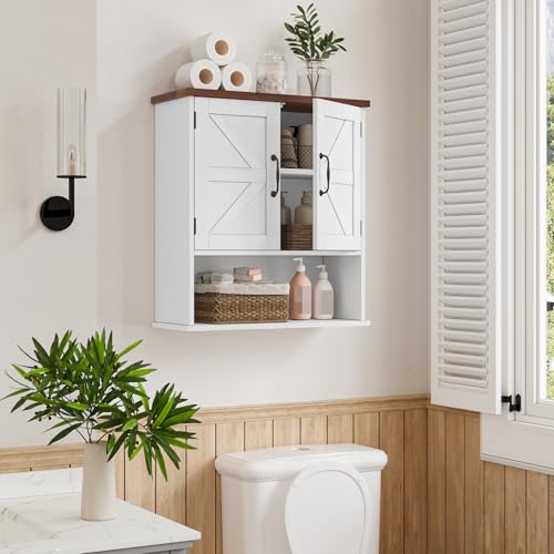 Small White Bathroom Wall Cabinet with Barn Doors - Farmhouse Style, Adjustable Shelf, Waterproof Storage