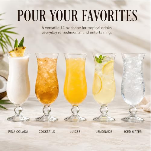 Khen 6 Pack 14oz Hurricane Glasses - Clear Tulip Drinkware for Cocktails, Juices, Water, Tropical Beverages