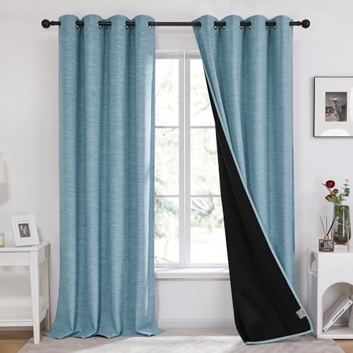 Deconovo Faux Linen Total Blackout Curtains Grommet Noise Reducing Panels with Black Backing for Living Room£¬2 Panels£¬Teal£¬52Wx74L Inch