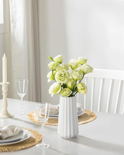 Modern White Ceramic Flower Vase - 7.8 Inch Ribbed Decorative Vase