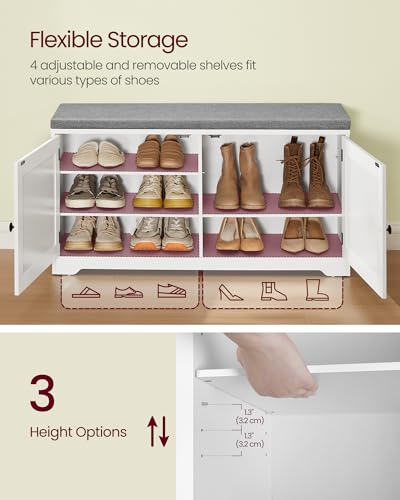 3-Tier Shoe Storage Bench with Removable Cushion and Adjustable Shelves