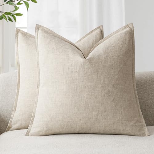 Boho Linen Throw Pillow Covers 20x20 Set of 2 - Neutral Beige Cushion Cases