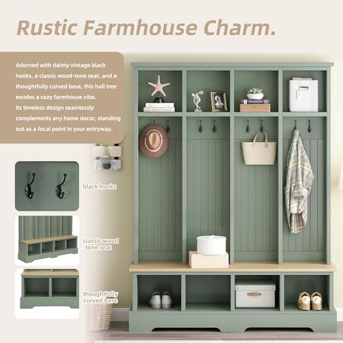 59-Inch Farmhouse Hall Tree with Bench, Shoe Storage, and 8 Coat Hooks