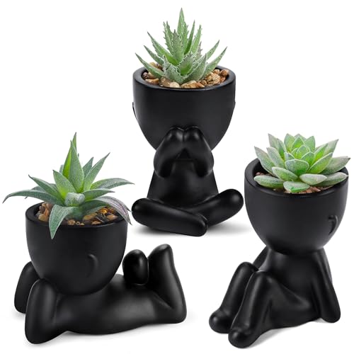 3-Pack Artificial Mini Succulents in Black Human-Shaped Pots for Desk Decor