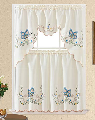 3-Piece Butterfly Embroidery Cafe Curtains Set - Blue