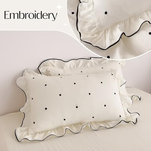 Queen Size Duvet Cover Set - Beige Polka Dot Ruffle Bedding with 2 Pillowcases