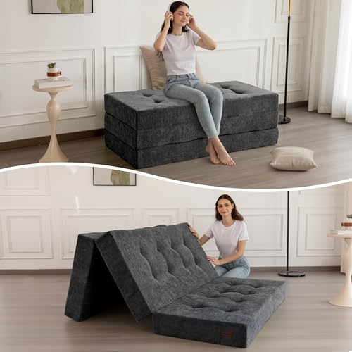 6-Inch Tri-Fold Floor Mattress and Sofa Bed, Full Size Tufted Chenille Couch