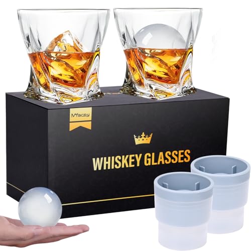 Twisted 11oz Old Fashioned Whiskey Glass Set with Crystal Ice Molds - Barware Gift