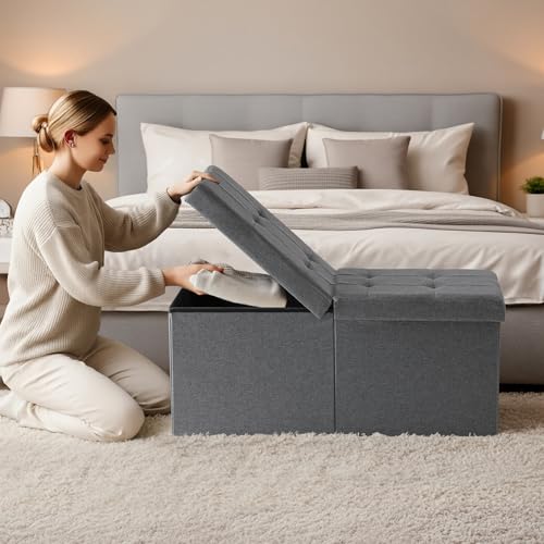 30-Inch Collapsible Storage Ottoman Bench with Split Top Lid, Gray