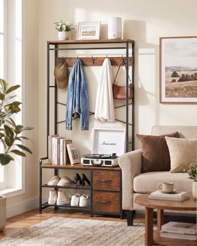 5-in-1 Industrial Hall Tree with Bench, Shoe Storage, and 2 Fabric Drawers