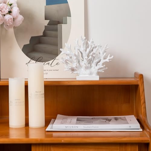 White Resin Coral Statue 5.8-inch Nautical Beach Decor for Shelf Tabletop