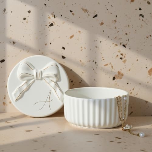 Ceramic Jewelry Box with Gold Bow - Nightstand Vanity Decor - Variation A