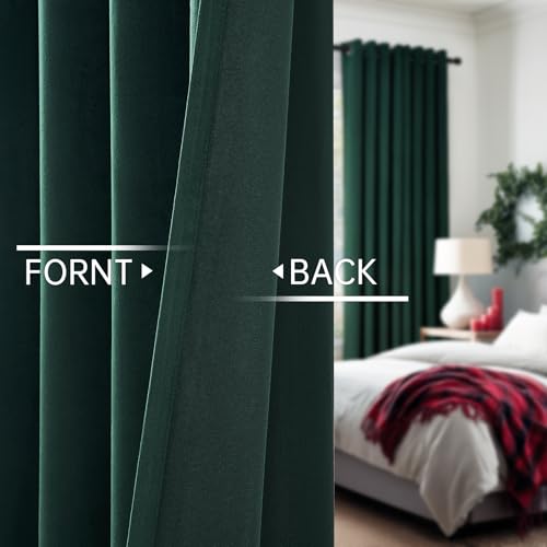 Dark Green Velvet Blackout Curtains 108 Inch Long for Living Room, Pack of 2
