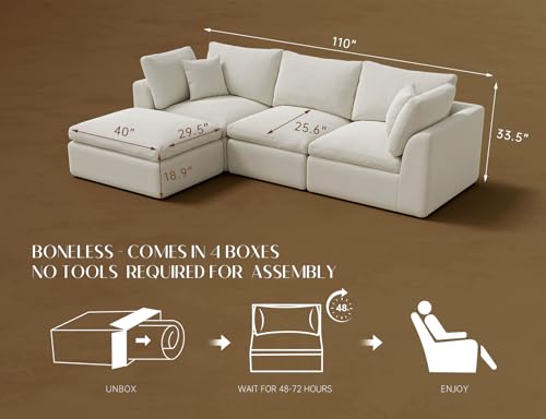 110-Inch Cloud Sectional Sofa with Ottoman, Modular L-Shaped Couch