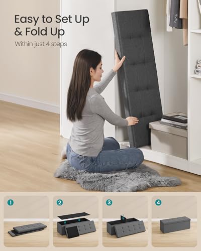 43-Inch Folding Storage Ottoman Bench - Tufted Lidded Chest, Dark Gray