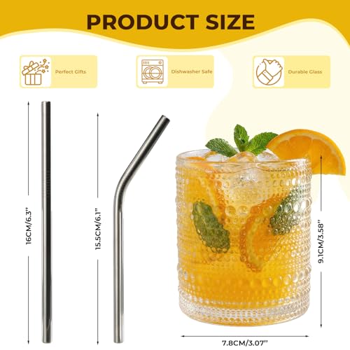 12-Piece Vintage Hobnail Drinking Glass Set with Stainless Steel Straws