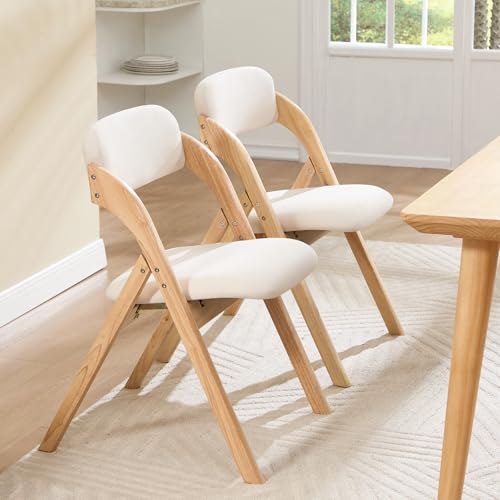 Set of 4 Wooden Folding Dining Chairs with Padded Linen Cushions, Beige