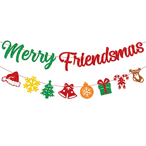 Christmas Banner Set - Merry Friendsmas Glittery Holiday Party Decorations