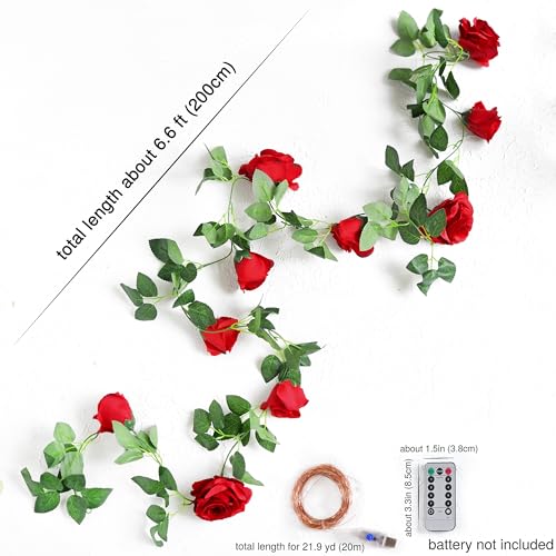 Christmas Red Fairy String Lights & Red Rose Silk Garland Set - 29 Ft 4 Pack